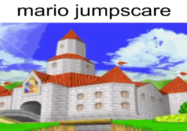 a close up of a castle with a sky background and a text that reads mario jumpscare