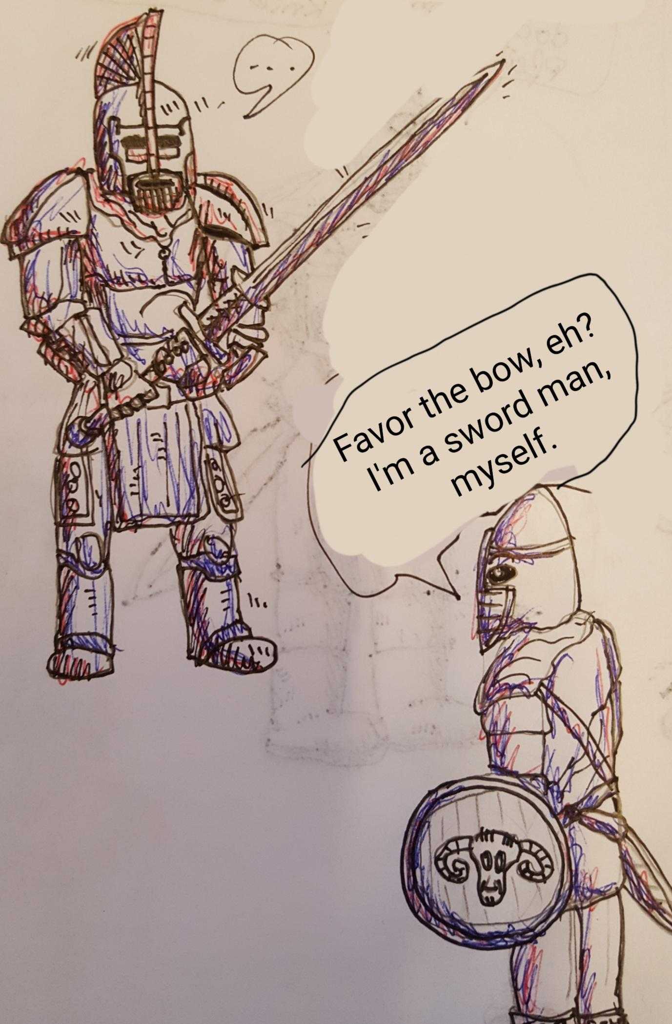 drawing of a knight and a knight in armor with a speech bubble