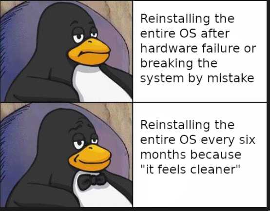 a cartoon penguin with a caption saying reinstaling the entire os after hardware failure or breaking the system