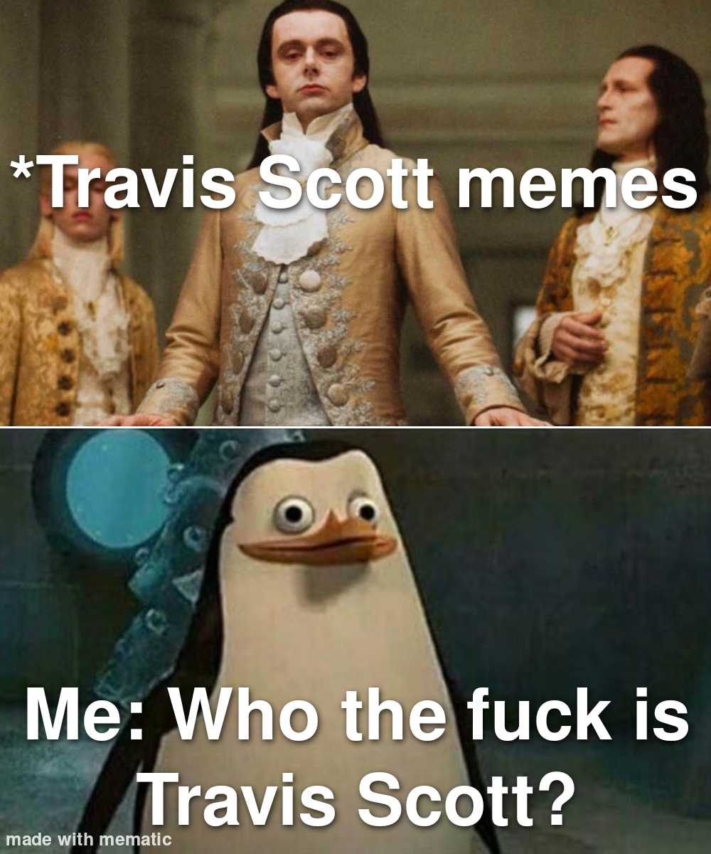 a close up of two pictures of a penguin with a caption of travis scott memes