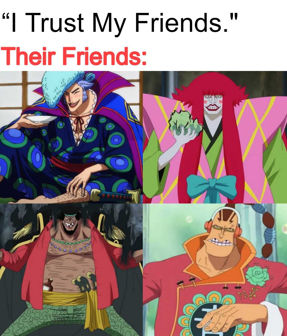 a group of cartoon characters with caption of one piece and one piece saying trust ivy friends