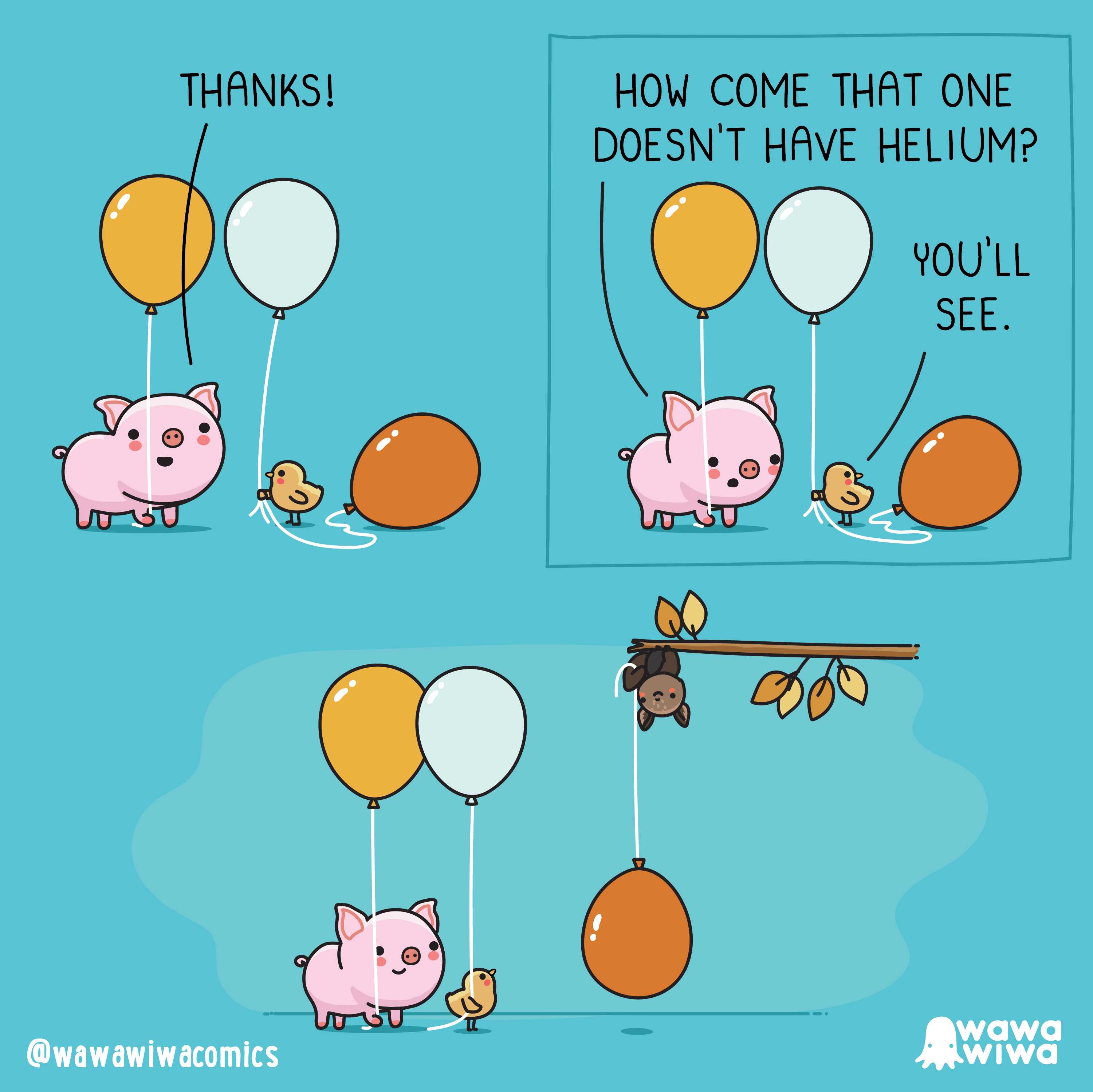 cartoon of a pig hanging on a branch with balloons and a bird