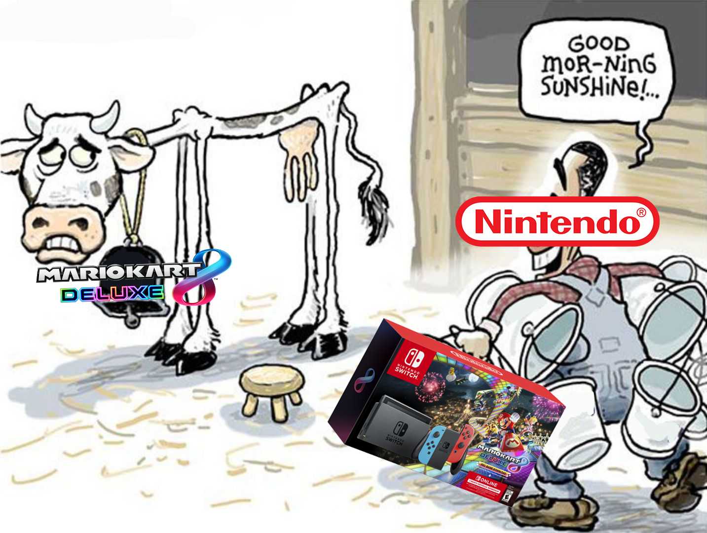 cartoon of a cow and a man playing a video game