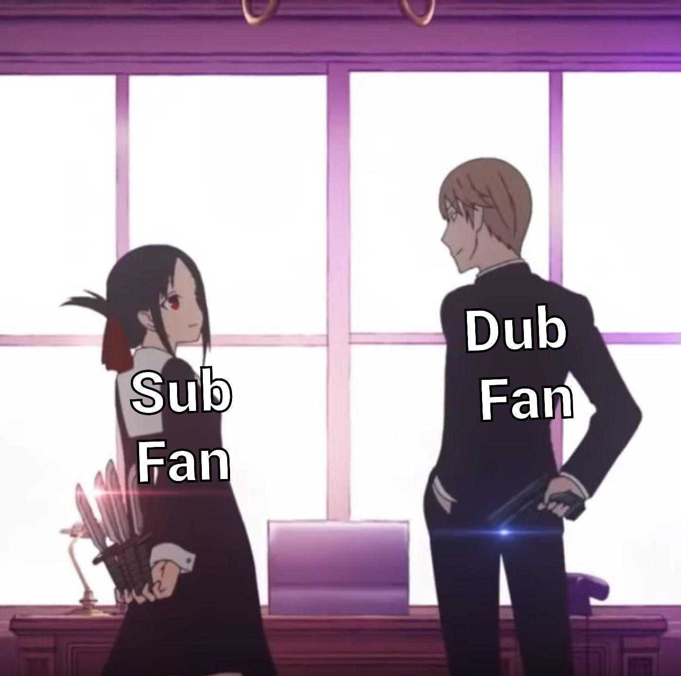 anime characters standing in front of a window with the words dub fan