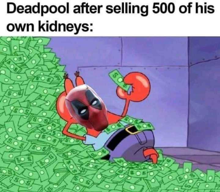 a cartoon deadpool sitting on top of a pile of money