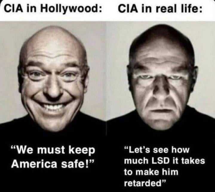 two pictures of a man with glasses and a caption that says, cia hollywood cia real life