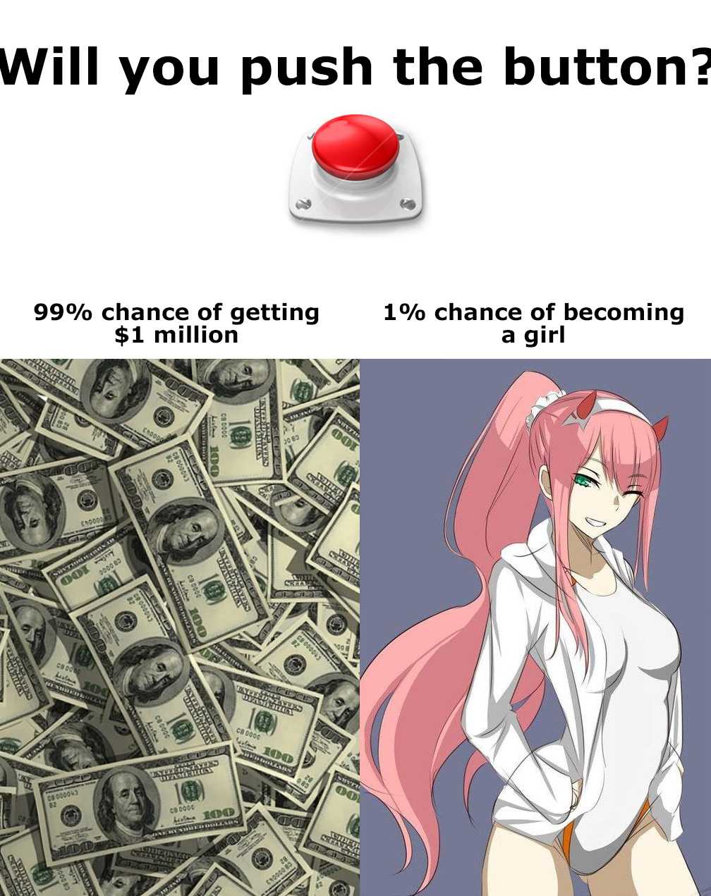 anime girl with pink hair and pink hair standing in front of a pile of money