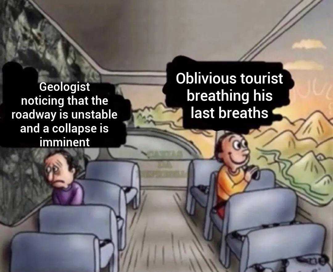 cartoon of a man and a woman sitting in a bus with a caption saying, ' geologist, nothing