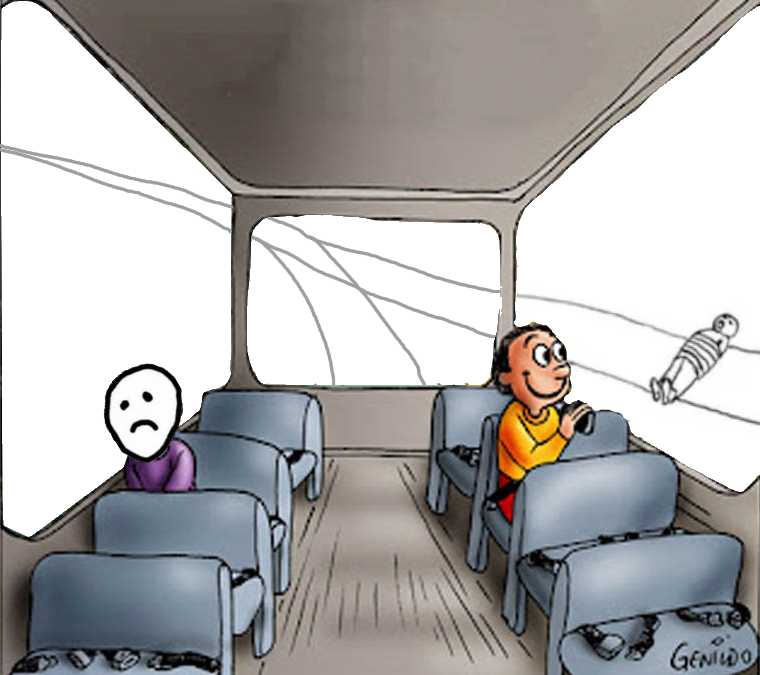 cartoon of a man sitting in a bus with a bottle of water