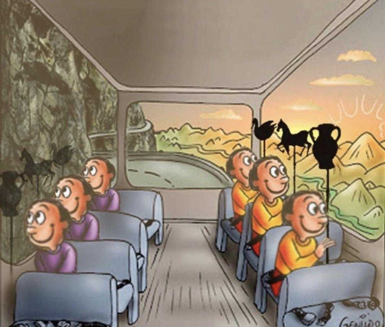 cartoon of a group of people sitting in a bus with a cat on the back