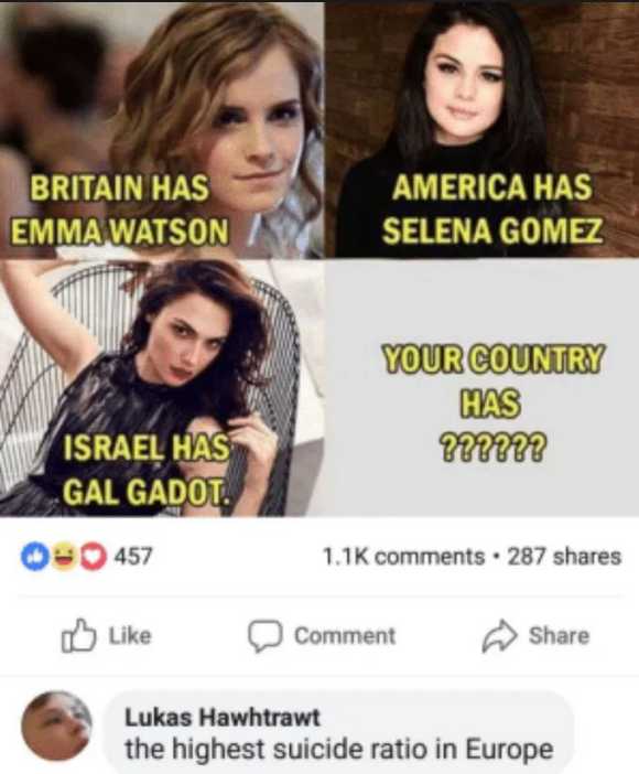 a screenshot of a woman with a caption of her country and her country