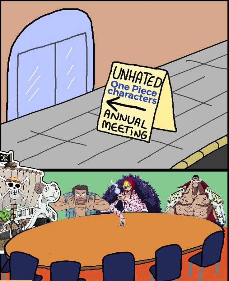 cartoon of a table with a sign that says united one piece of character are actual meeting