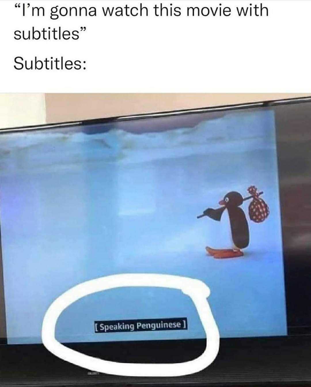 penguin watching a movie on a tv with a caption of a penguin