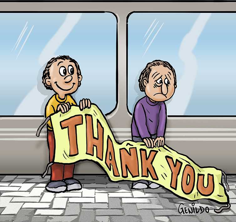 cartoon of two people holding a sign that says thank you