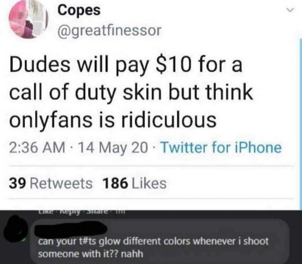 a tweet message from a guy who is asking to pay $ 10 for a call of duty skin