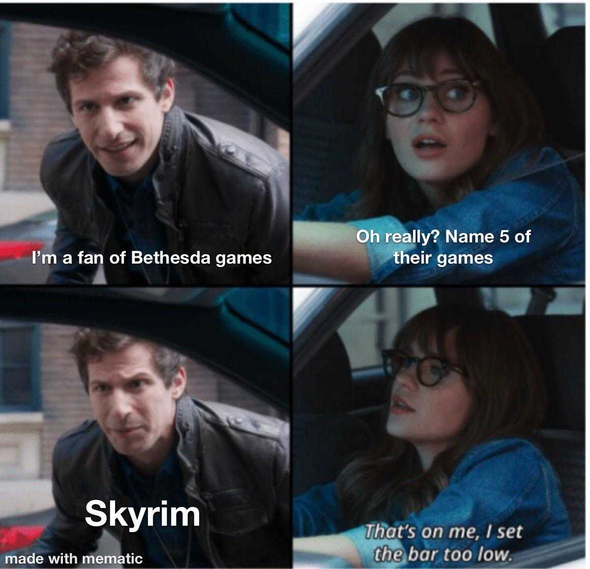 image of a man and woman in a car with a caption of skyrim