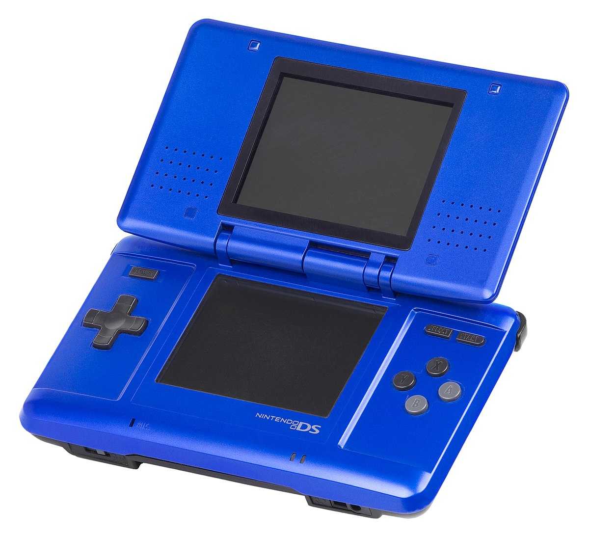 a close up of a blue nintendo game console with a screen