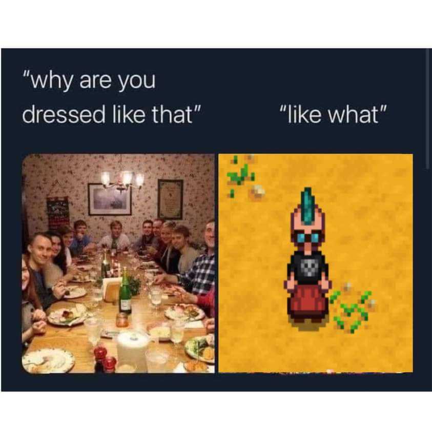 a picture taken from a video game of a woman in a red dress and a picture of a table with food and wine