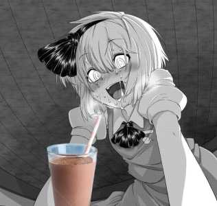 anime girl drinking a drink with a straw in her hand