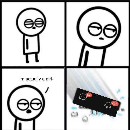 a cartoon picture of a guy with glasses and a card saying i ' m actually a girl