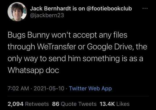 a tweet message from jack benthart on twitter about bugs bunny won ' t accept any files through