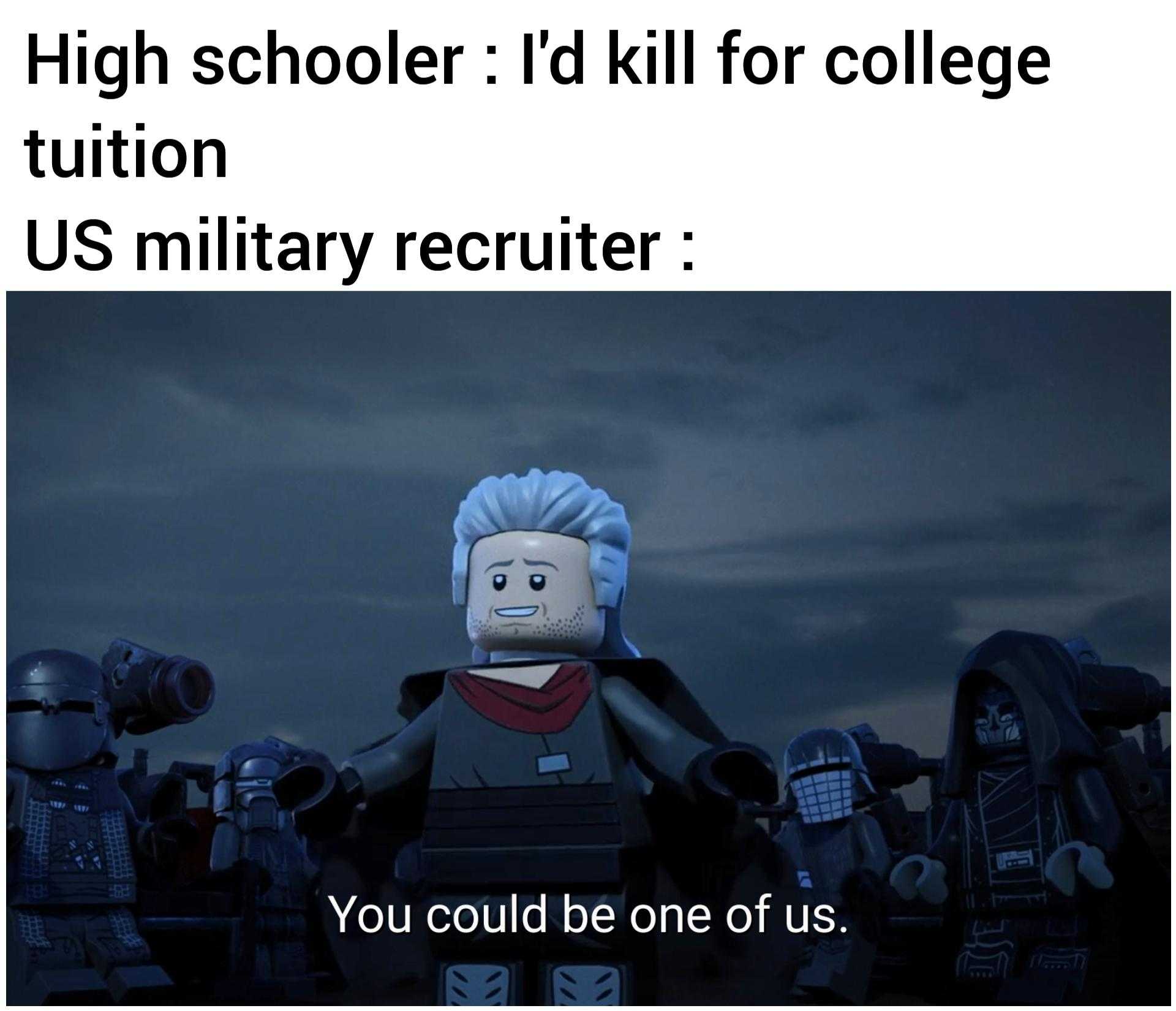 a close up of a lego figure with a caption of a military recruit