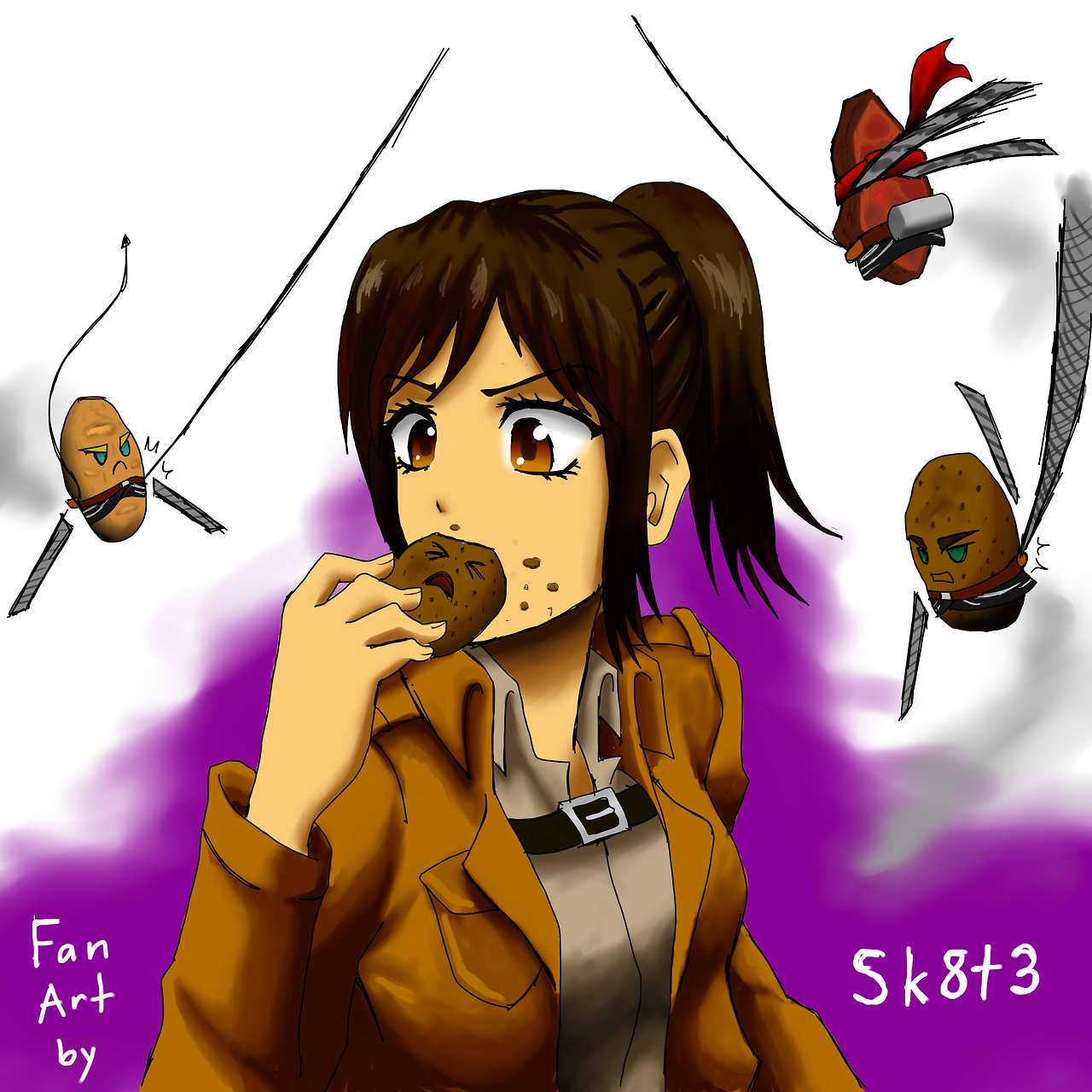 anime girl eating a donut with a bird flying above her