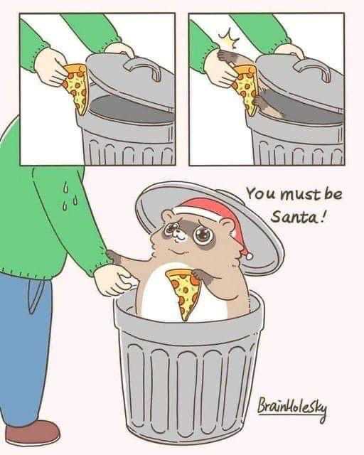 cartoon of a man putting a slice of pizza in a trash can