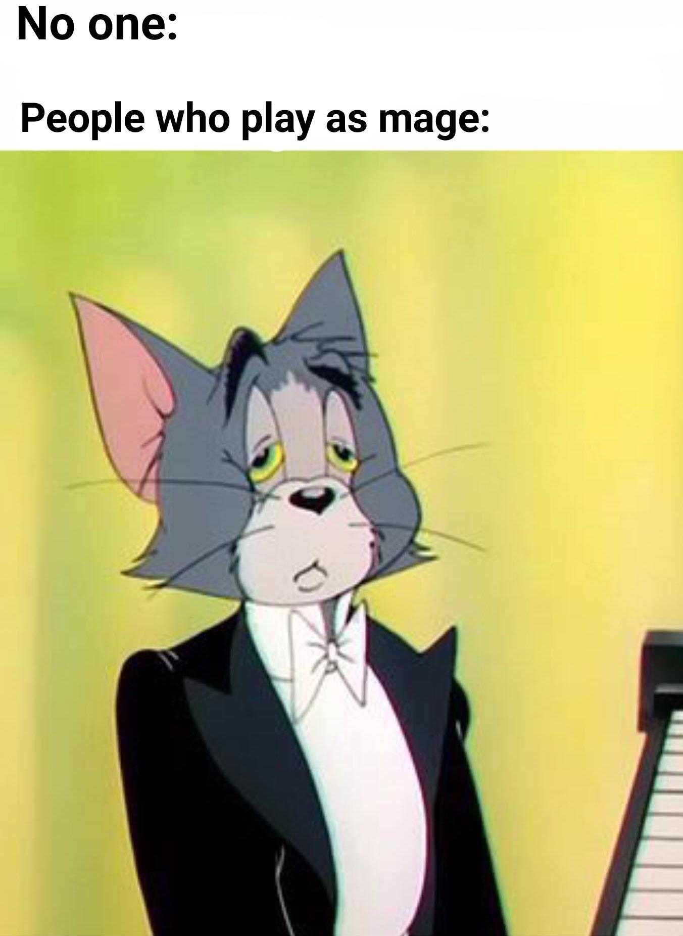 cartoon cat in tuxedo playing a piano with caption saying, no one people who play as mage