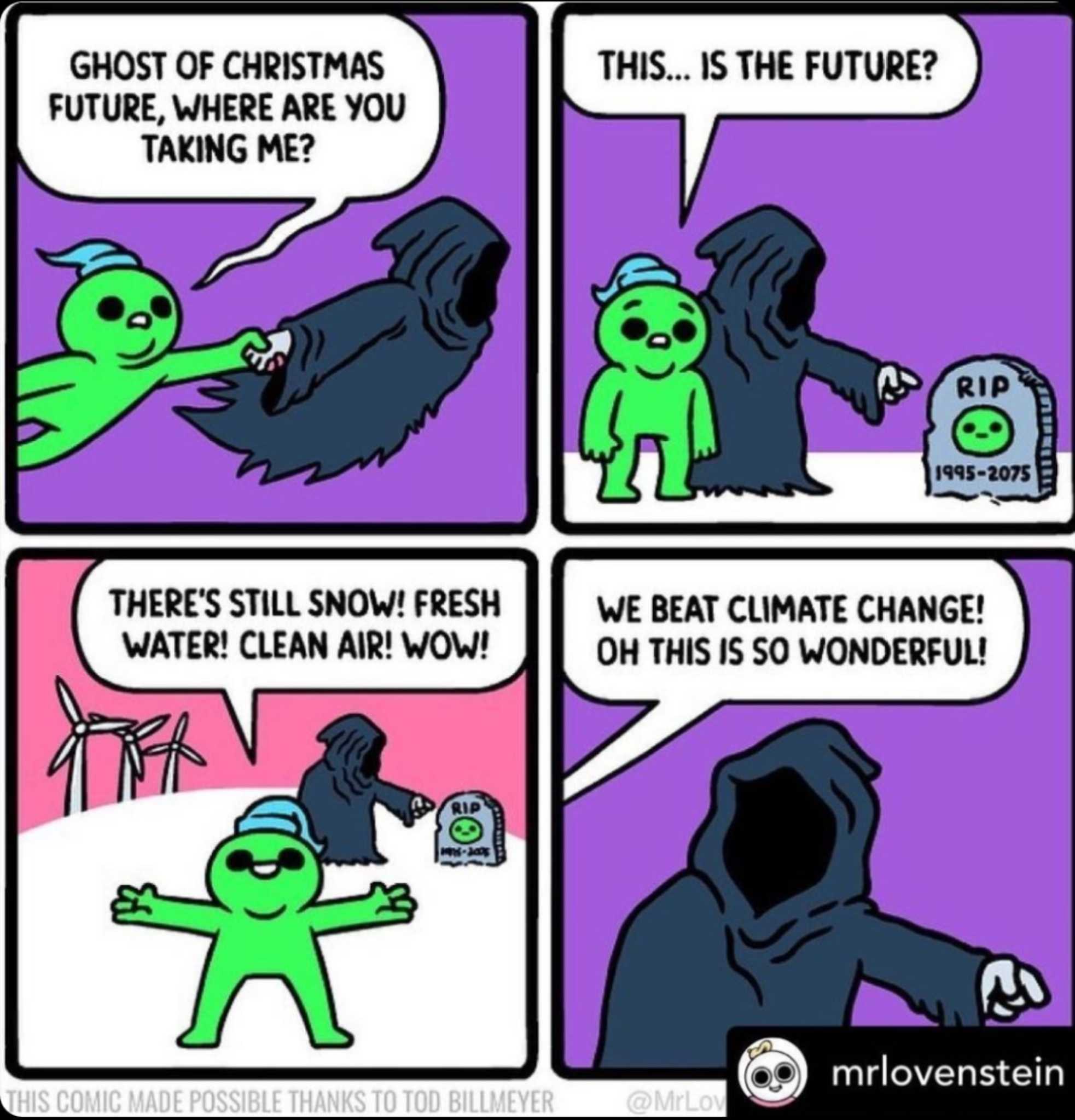 a cartoon of a comic strip with a green alien and a purple background