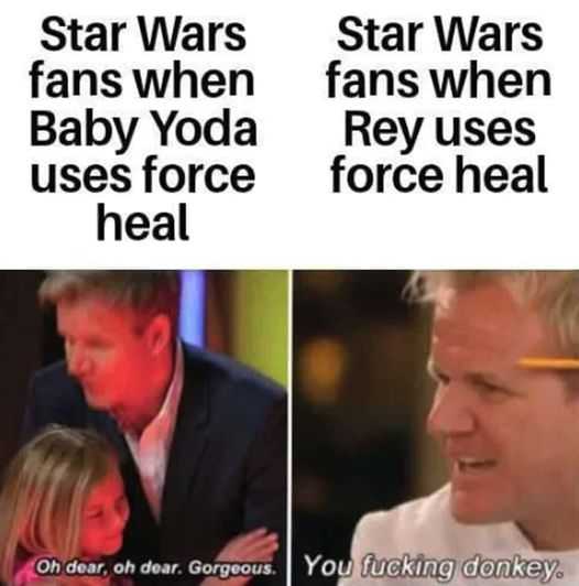 a picture taken from a video of a man and a child with the capt star wars fans when baby yoda uses force heal