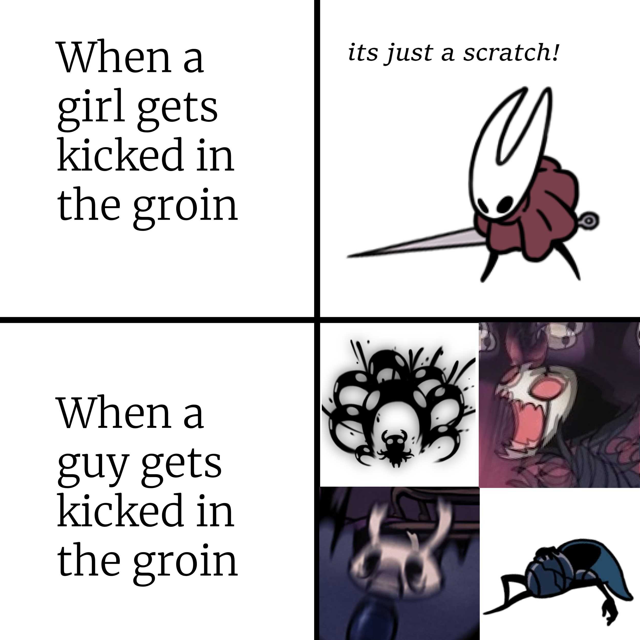 a cartoon picture of a spider with a caption that says, when a girl gets kicked in the grom