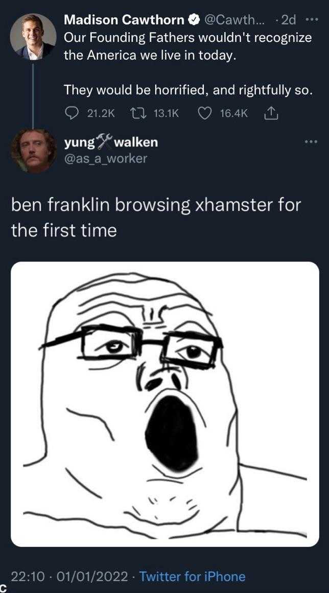 a screenshot of a tweet with a cartoon of a man with glasses and a beard