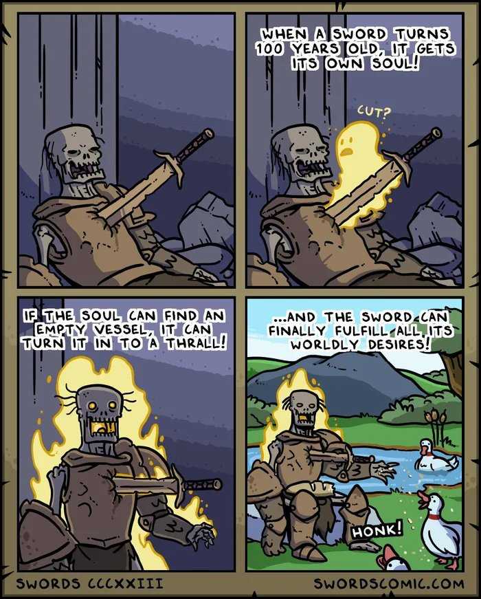 a comic strip with a cartoon of a man in armor holding a sword