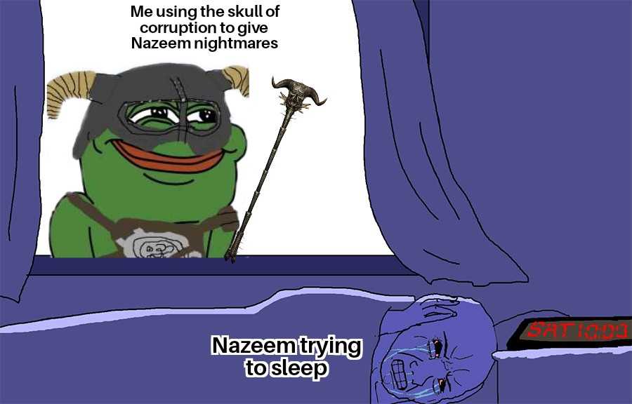 a cartoon frog sitting in bed with a hammer in its hand