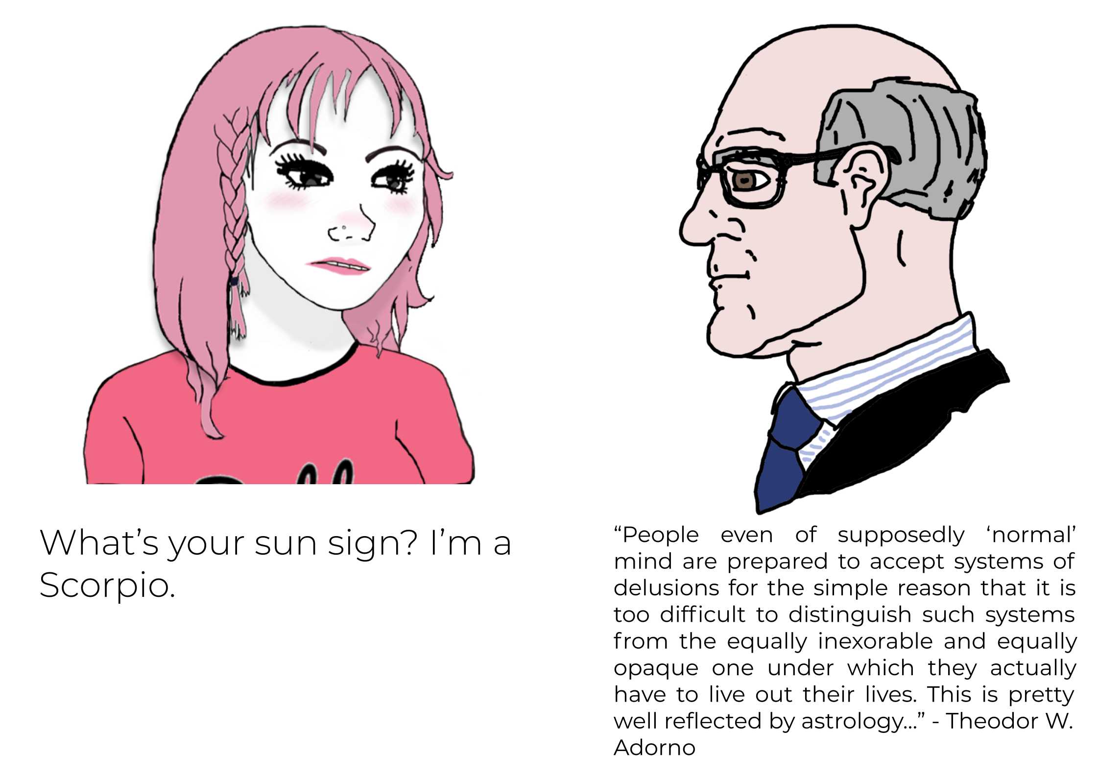 cartoon of a man and woman with glasses and a pink shirt