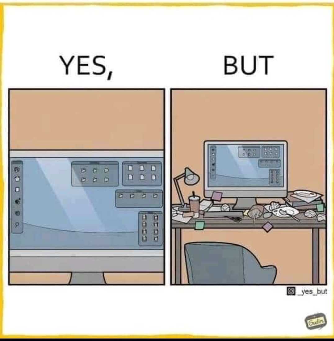 cartoon of a computer desk with a computer monitor and a microwave