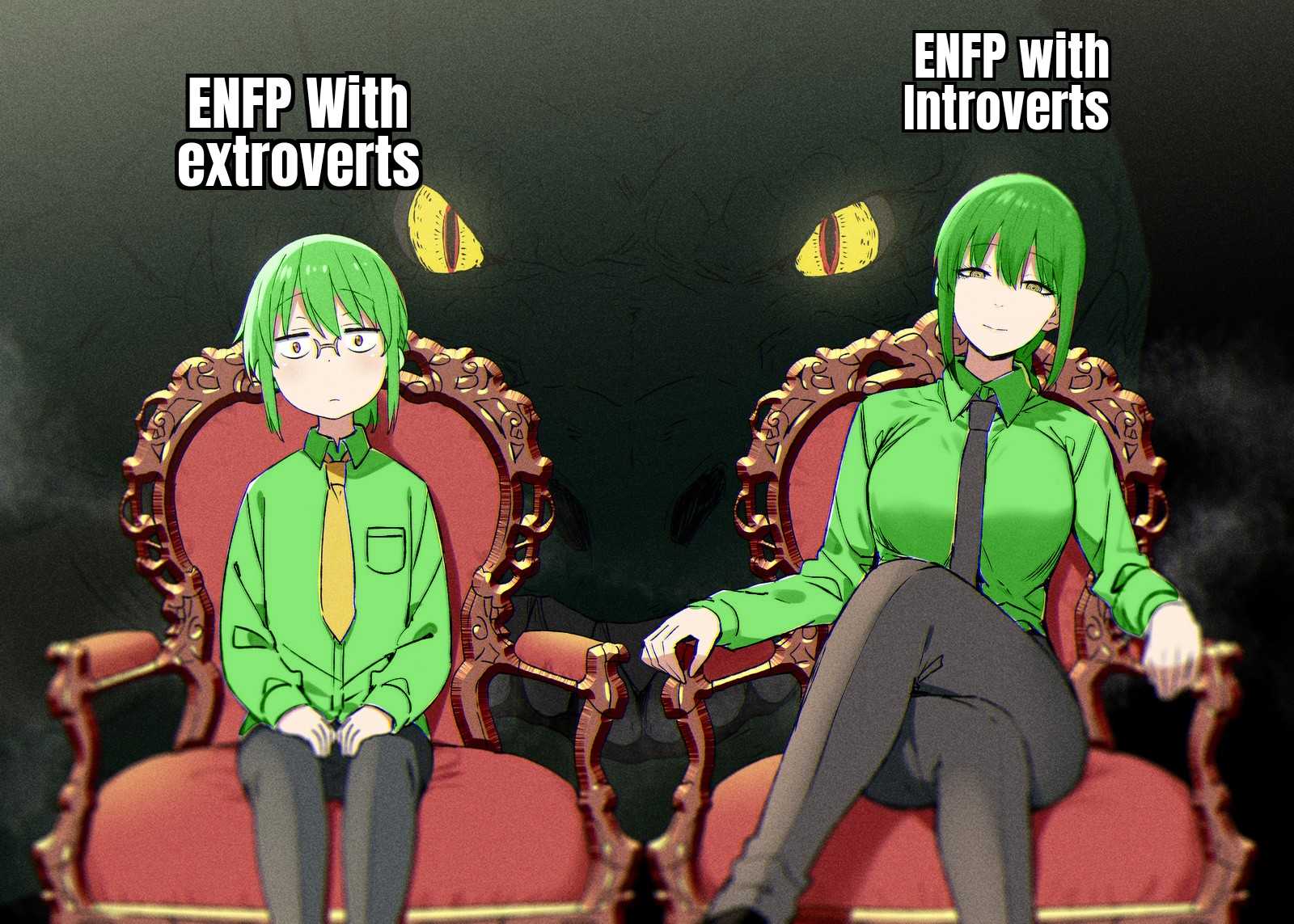 anime characters sitting on a red chair with a caption of a woman in a green shirt