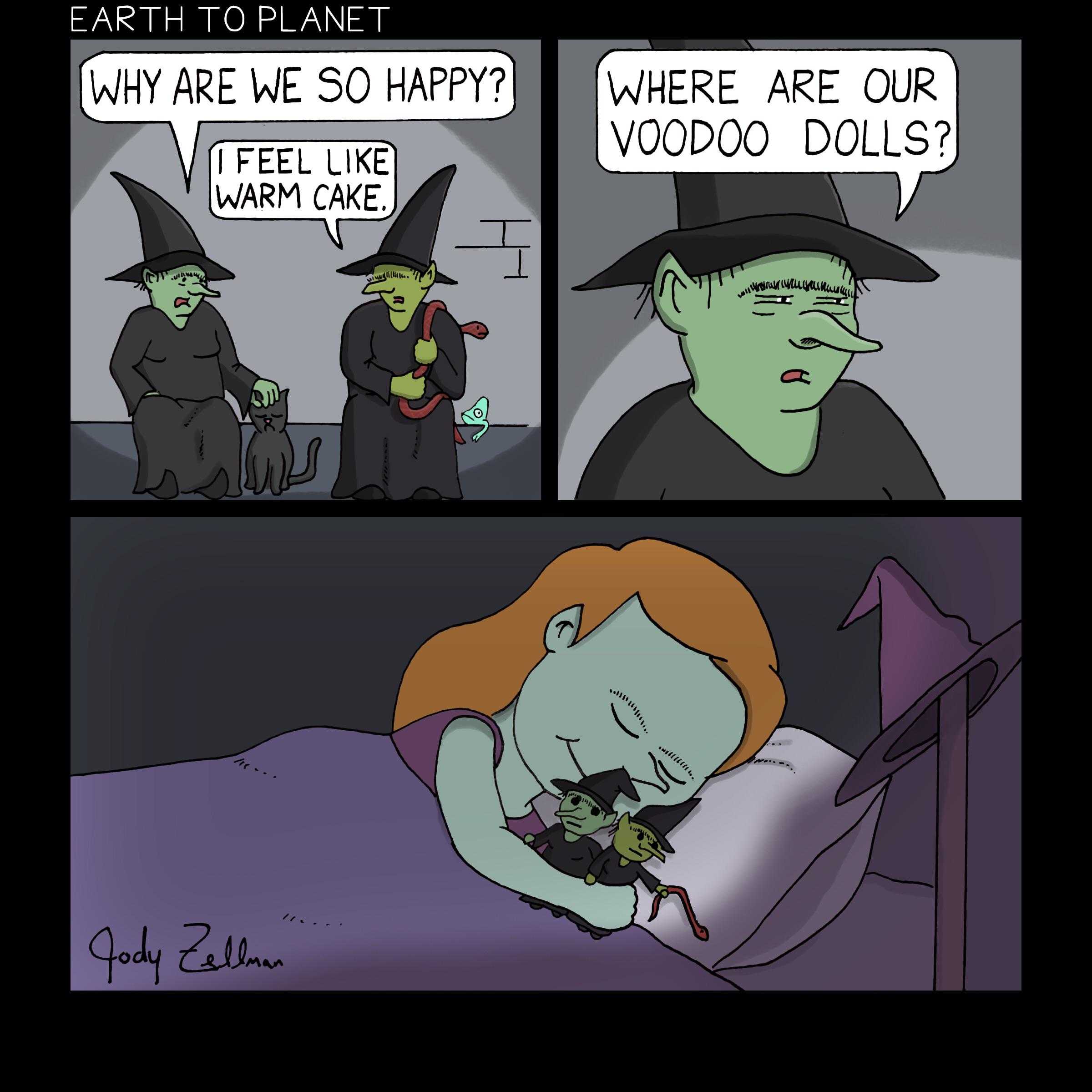 cartoon of a witch and a witch cat in a bed