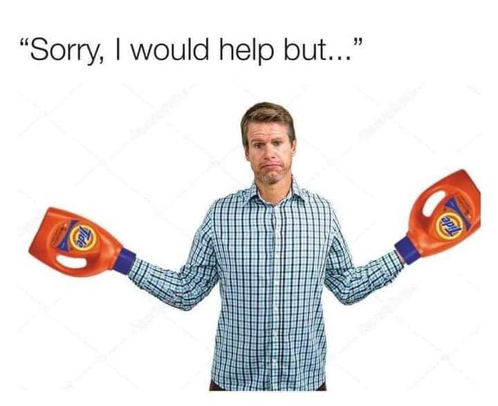 man holding two orange deter bottles with a caption saying sorry i would help but