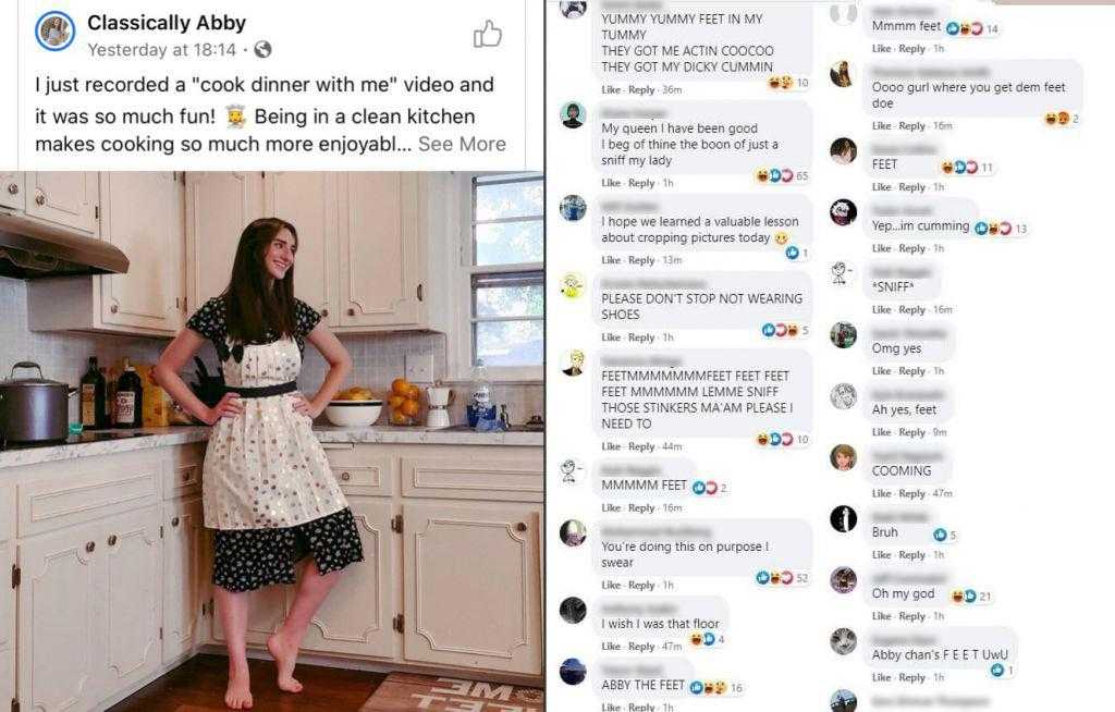 a close up of a woman standing in a kitchen next to a counter