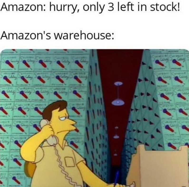 a cartoon image of a man talking on a phone in front of a wall with amazon boxes