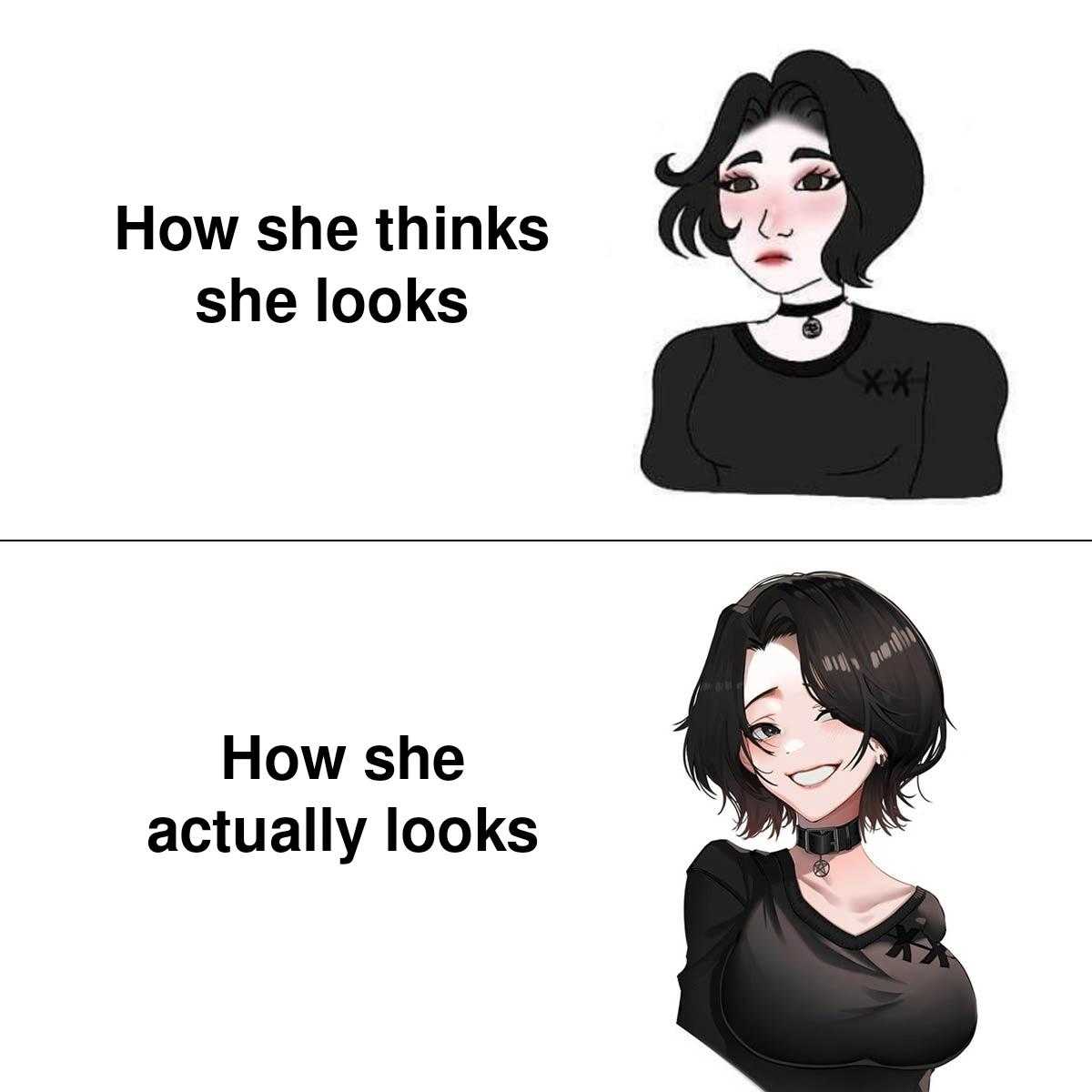 two cartoon pictures of a woman with short hair and a black dress