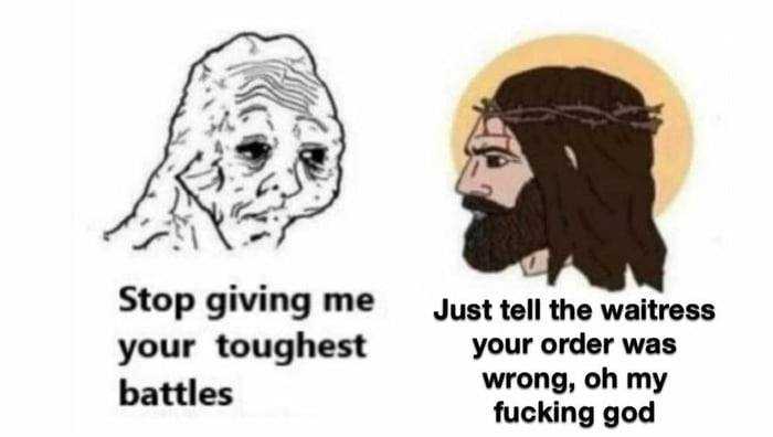 a cartoon of jesus and jesus with the words stop giving me your toughest battles