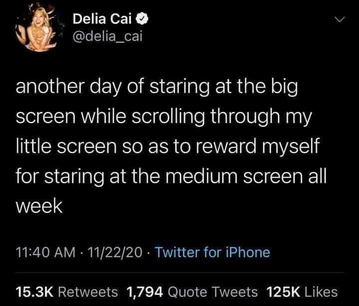 a tweet message from delta gai about the screen while sitting at the computer