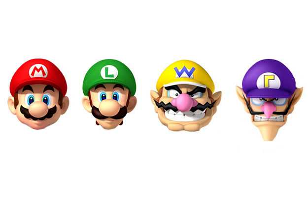 three different colored mario bros heads are shown in a row