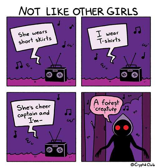 a cartoon of a woman with a radio and a sign saying not like other girls