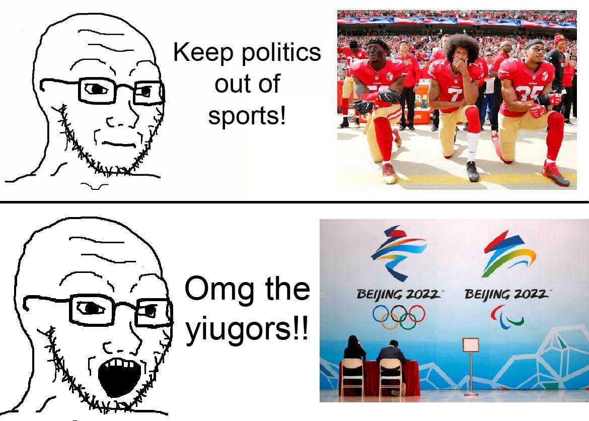 a cartoon picture of a man with glasses and a beard and a picture of a man with glasses and a beard and a picture of a man with glasses and a sign that says keep politics out of sports