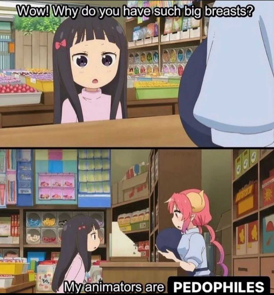 anime girl in a store with a caption saying why do you have such big breasts?