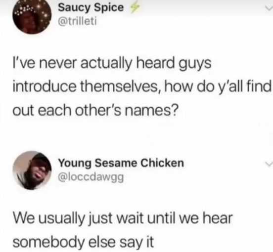 a screenshot of a twee with a caption of a woman saying, ' i ' ve never actually heard guys introduce themselvess, who do all find out each other ' s names?